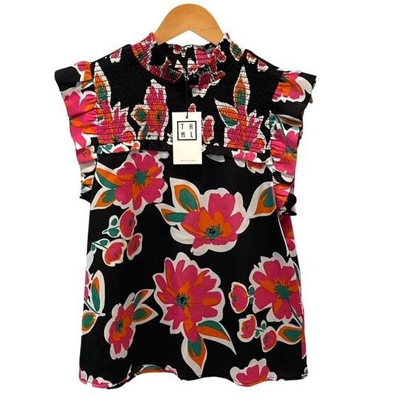 THML Tops - THML Womens Floral Smocked Neck Flutter Sleeve Top Multicolor Size Medium NWT